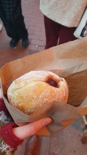 Raspberry jam doughnut at Down to Earth Coffee in Brighton