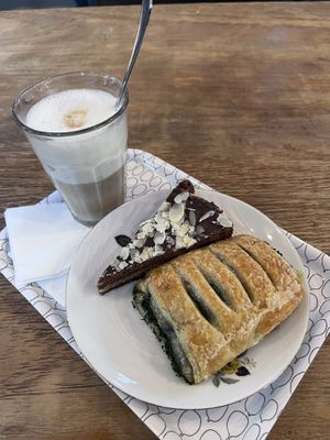 vegan Speculoos cake, vegan spinach ‘feta’ pastry & latte macchiato with oat milk  at Cool Beans in Basel