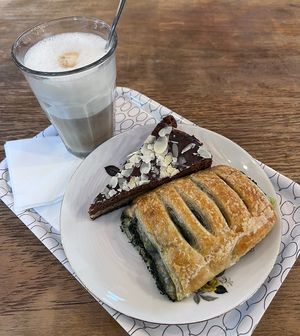 speculoos cake, spinach ‘feta’ pastry, latte macchiato   at Cool Beans in Basel