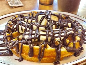 Chocolate hazelnut vegan waffle with bananas  at Simpleton Cafe in Sacramento