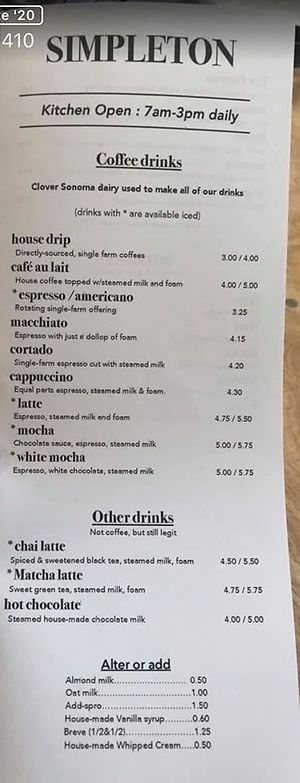 Drink menu  at Simpleton Cafe in Sacramento
