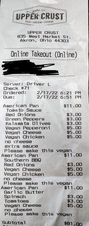 Receipt showing the extraordinary cost of 3 medium pizzas at Upper Crust in Akron