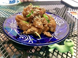 Orange “chicken" at Vegan Ramen Mei in Puerto Vallarta