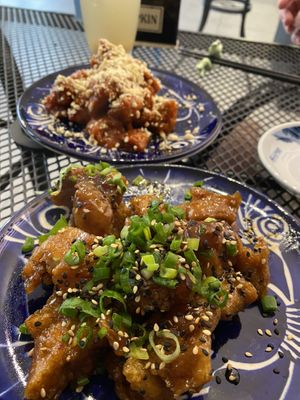 Spicy Korean Chicken (in the back with peanuts) and Orange Chicken at Vegan Ramen Mei in Puerto Vallarta