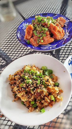 Yakimeshi, orange “chicken” at Vegan Ramen Mei in Puerto Vallarta