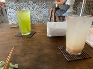 Fresh made ginger ale, and green tea at Vegan Ramen Mei in Puerto Vallarta