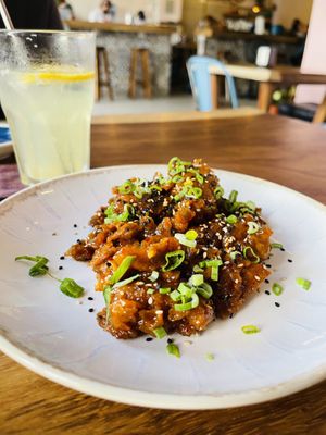 Orange fried ‚chicken'  at Vegan Ramen Mei in Puerto Vallarta