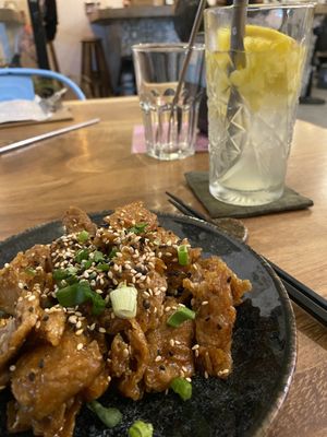 Orange “chicken” and pineapple lemonade   at Vegan Ramen Mei in Puerto Vallarta