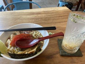 Tokyo Shoyu ramen with tofu and house ginger ale  at Vegan Ramen Mei in Puerto Vallarta