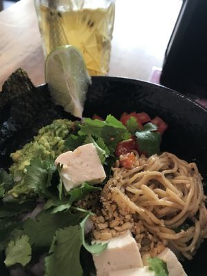 Spicy Shiboyu with tofu and passion fruit lemonade   at Vegan Ramen Mei in Puerto Vallarta