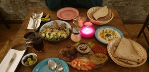 Cig Köfte and Salad, vegan Steak, Tahini, Eggplant creme at Vegano Flavors in Berlin