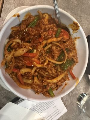 Red curry soy curl noodles!  at Kung POW in Portland