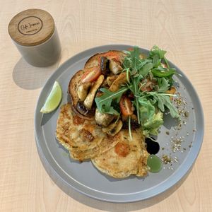 Mushroom Brekkie with Vegan Eggs at Cafe Impero in Mount Gravatt