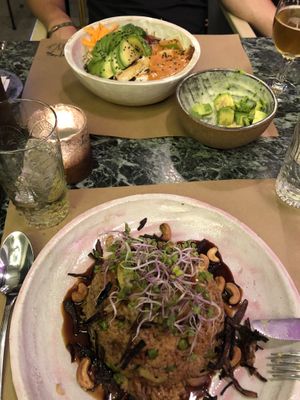 Indonesian bowl and satay high protein  at Winners Vegan Restaurant in Athens