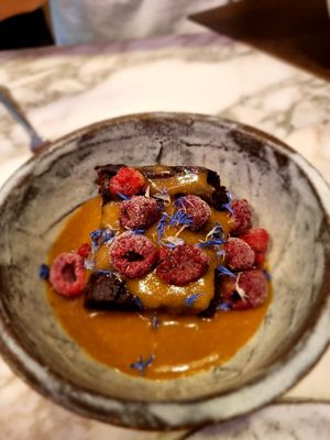Sweet potato with cacao and peanut butter and frozen cranberries at Winners Vegan Restaurant in Athens