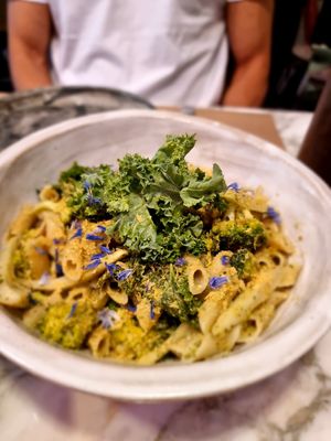 Pasta with lemon and capers sauce at Winners Vegan Restaurant in Athens