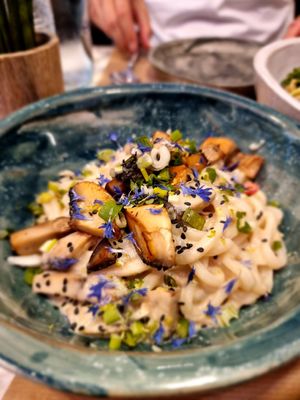 Thai noodles with coconut cream at Winners Vegan Restaurant in Athens