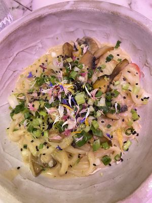 Miso Mushroom noodles (a must if you like thick noodles & mushroom!) at Winners Vegan Restaurant in Athens