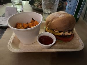 Vegan Beyond Cheese Burger with sweet potatoes  at Winners Vegan Restaurant in Athens