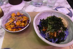 sweet potatoes and kimchi noodle bowl🥗 at Winners Vegan Restaurant in Athens