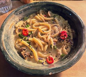 Miso Mushroom Noodles Bowl  at Winners Vegan Restaurant in Athens