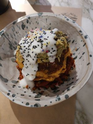 Corn pancakes (savoury) at Winners Vegan Restaurant in Athens