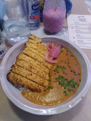 Insane banana curry (a little like a katsu curry with homemade tempeh) at Winners Vegan Restaurant in Athens
