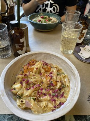 Sweet Pumpkin Pasta and Miso Mushroom Noodles  at Winners Vegan Restaurant in Athens