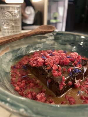 The brownie with peanut butter sauce  at Winners Vegan Restaurant in Athens