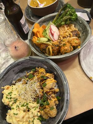 Soup of the day, spicy meatballs, dynamite chicken   at Winners Vegan Restaurant in Athens