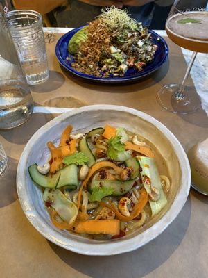 Curry noodles (front) and LA salad (back)  at Winners Vegan Restaurant in Athens