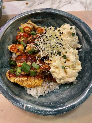 Mouthwatering vegan nuggets and pasta salad   at Winners Vegan Restaurant in Athens