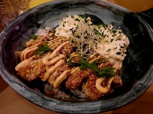 "Chicken" nuggets, sushi rice, cold pasta salad - this is actually really good at Winners Vegan Restaurant in Athens