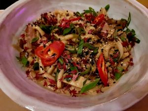 Mushroom udon at Winners Vegan Restaurant in Athens