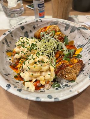 Dynamite entree. Fried “chicken”, Mac salad, furikake, spicy mayo, sriracha over sushi rice.  at Winners Vegan Restaurant in Athens