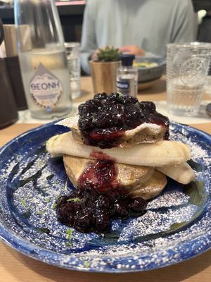Pancakes with blueberry and banana.  at Winners Vegan Restaurant in Athens
