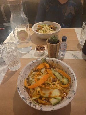 Curry noodles at Winners Vegan Restaurant in Athens