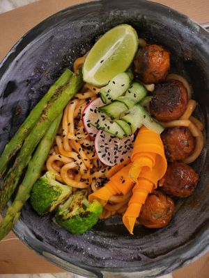 Spicey 'meat' balls at Winners Vegan Restaurant in Athens