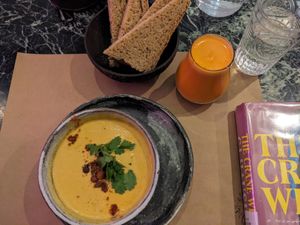 Butternut squash soup at Winners Vegan Restaurant in Athens