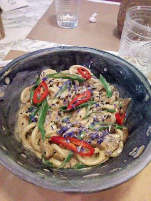 Mushroom noodles at Winners Vegan Restaurant in Athens