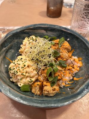 Weird combo of crispy seitan, sushi rice and Mac and cheese (?)  at Winners Vegan Restaurant in Athens