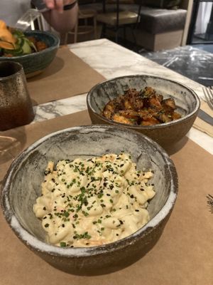 Mac salad and potatoes  at Winners Vegan Restaurant in Athens