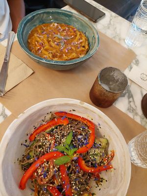 Pumpkin pasta + Cold soba noodles at Winners Vegan Restaurant in Athens
