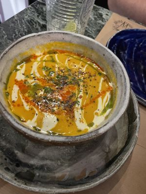 Carrot and ginger soup, tastes really good  at Winners Vegan Restaurant in Athens