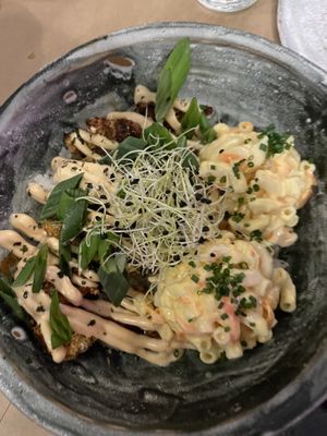 Dynamite - it’s actually a seitan schnitzel, with sticky rice and cold mac&cheese.   at Winners Vegan Restaurant in Athens