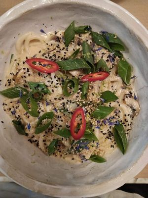 Mushroom miso noodles. at Winners Vegan Restaurant in Athens