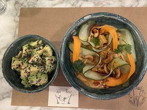 Curried noodles and avocado side dish.  at Winners Vegan Restaurant in Athens