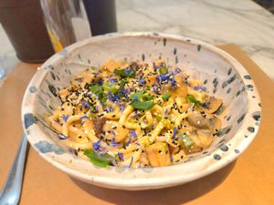 udon mushroom at Winners Vegan Restaurant in Athens