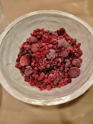 Brownie with berries at Winners Vegan Restaurant in Athens