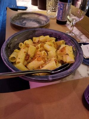 Mac n Cheese with coconut bacon at Winners Vegan Restaurant in Athens